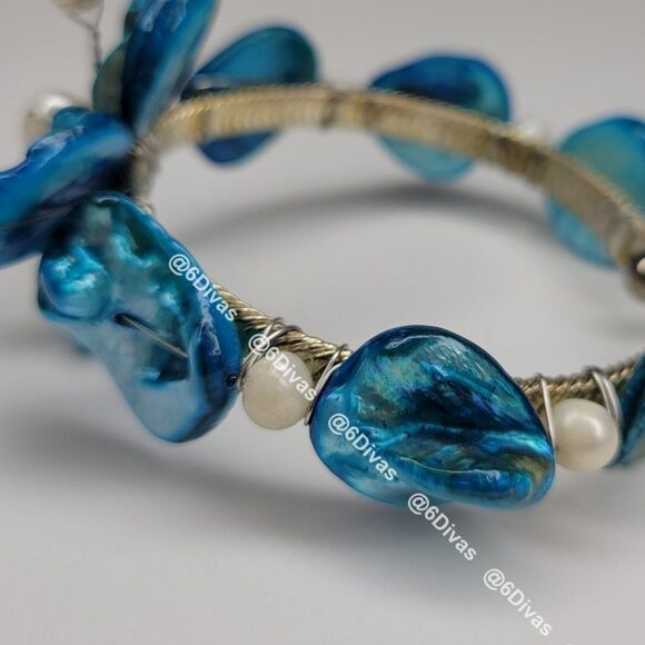 BLUE Sea Shell and Pearl Adjustable Cuff Bracelet - Picture 8 of 9